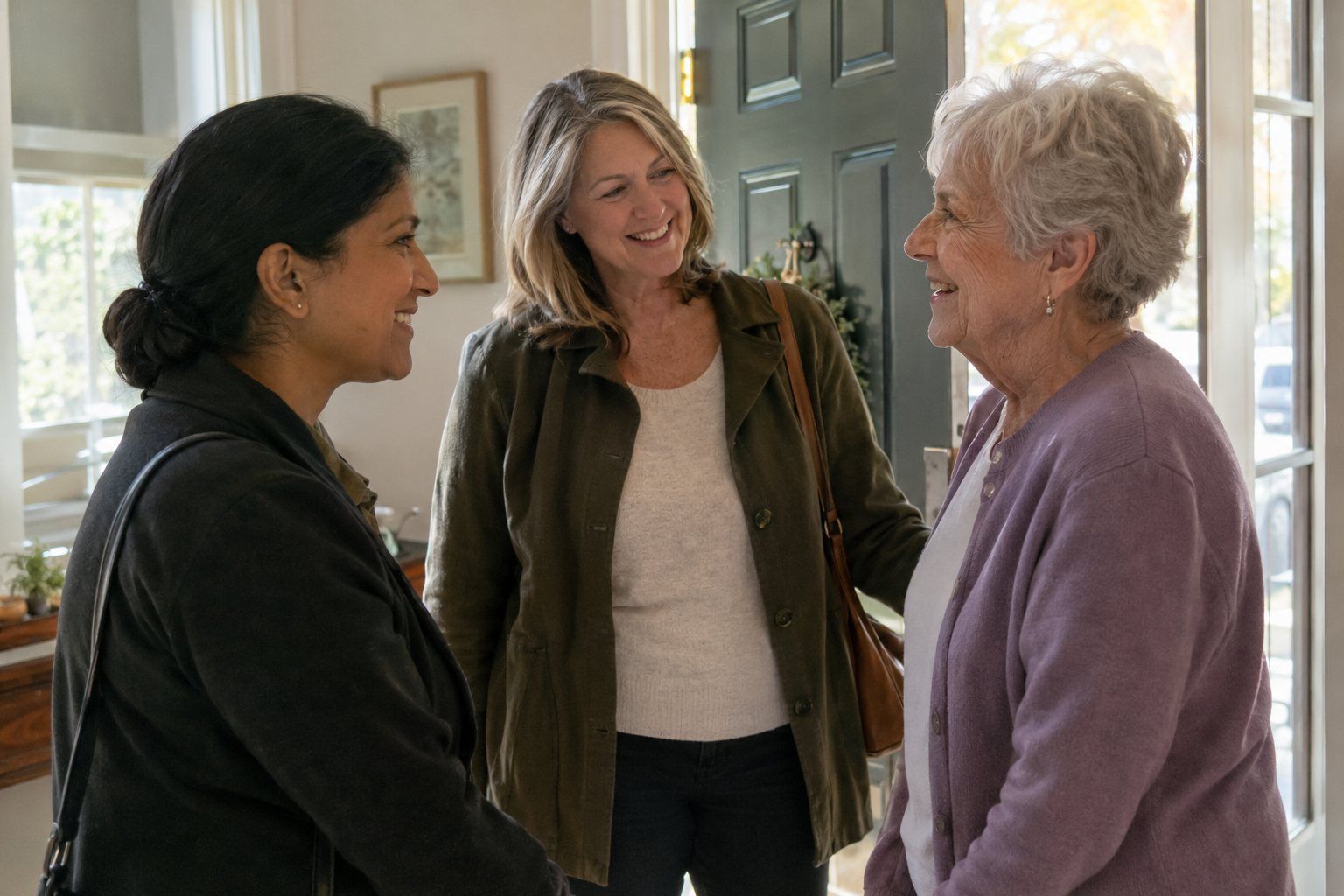 A caregiver being introduced at the front door to an older woman and her daughter