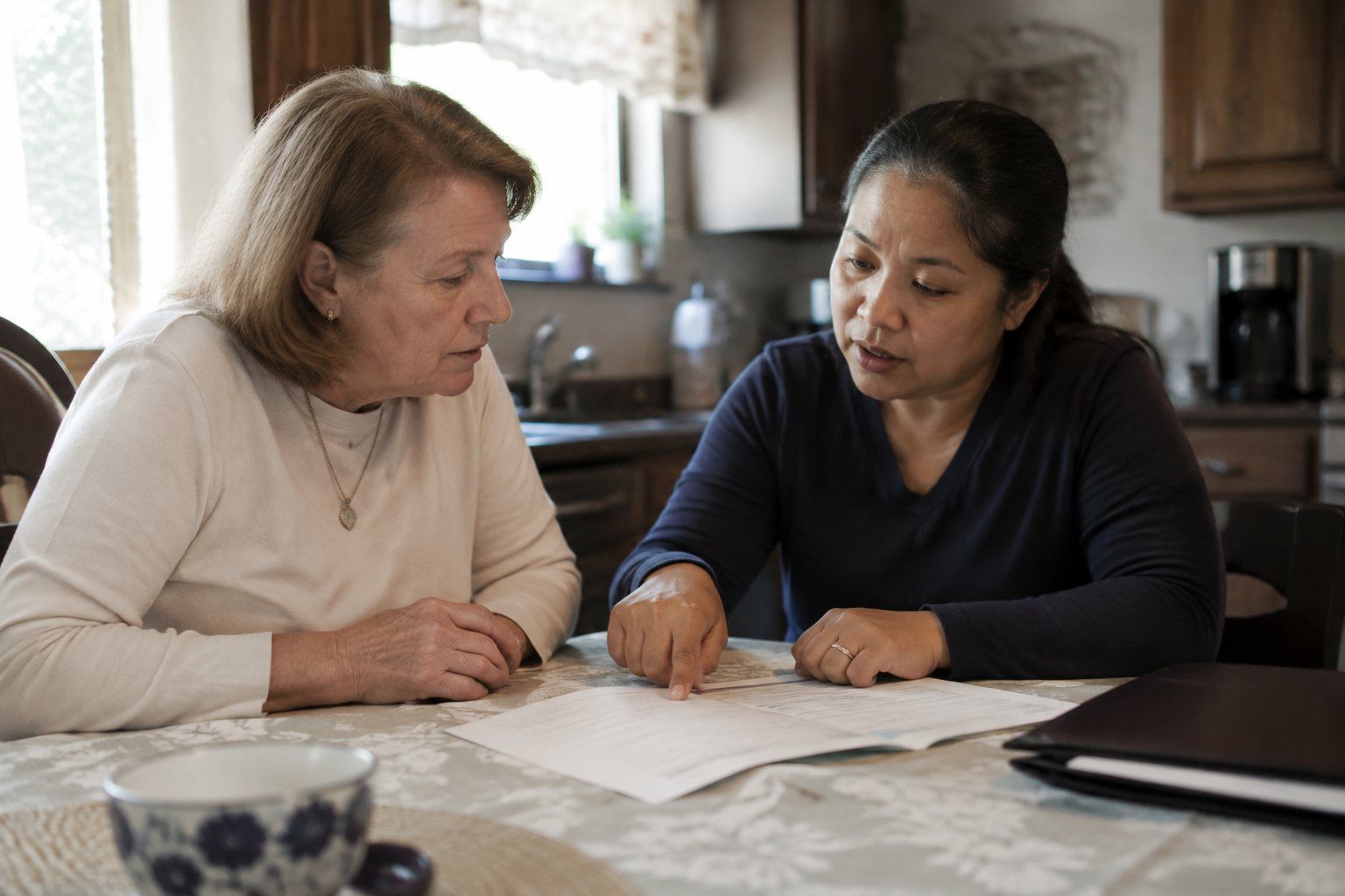 A woman and a care coordinator going over a printed plan at a kitchen table