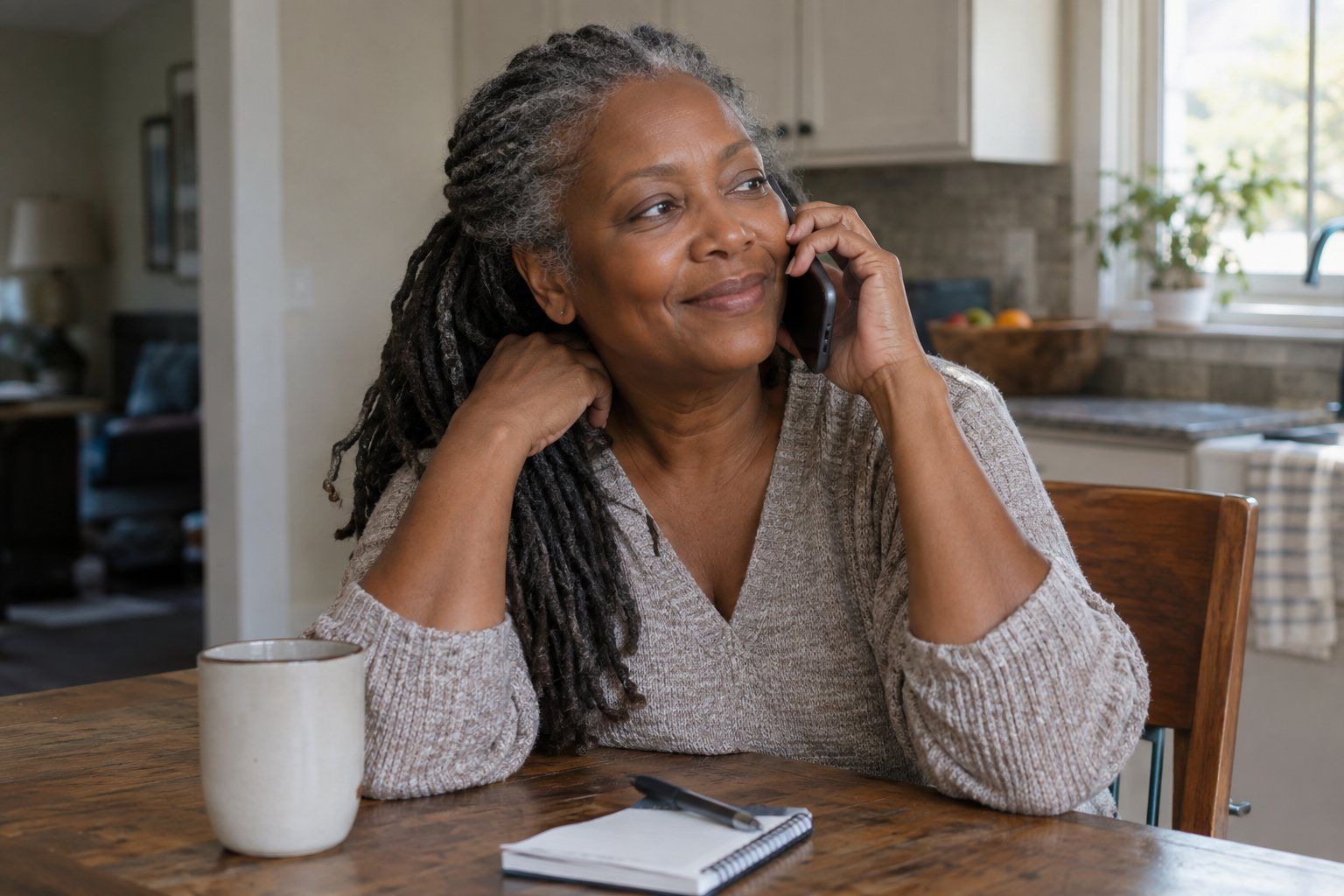 A woman on the phone at her kitchen table with a notepad, relaxed