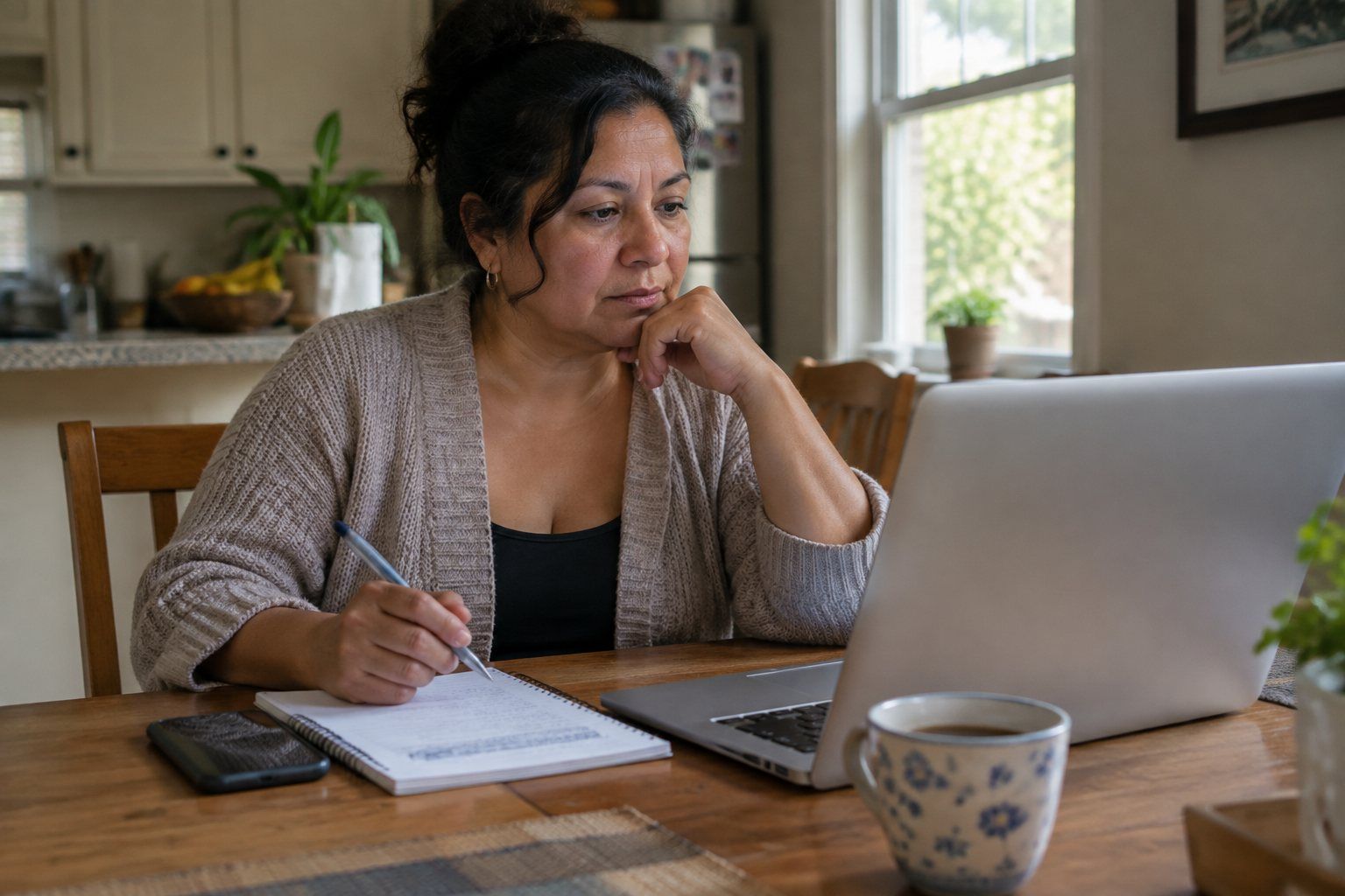 A daughter comparing options at a kitchen table with a laptop and a notepad