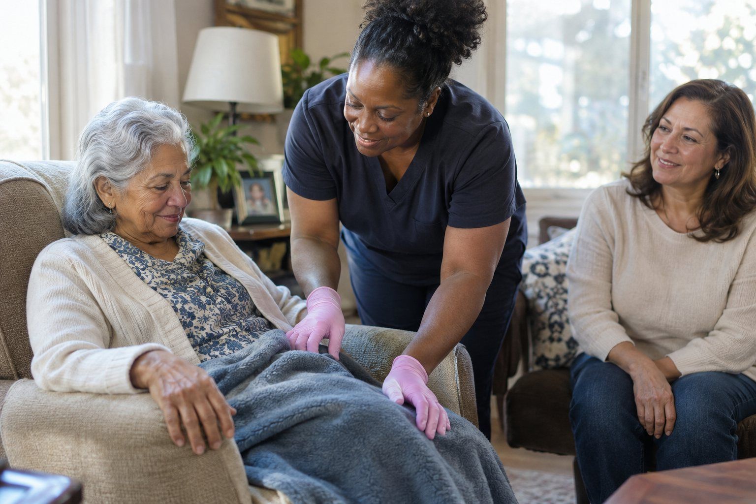 A caregiver in pink nitrile gloves settling a blanket over an older woman while her daughter sits alongside