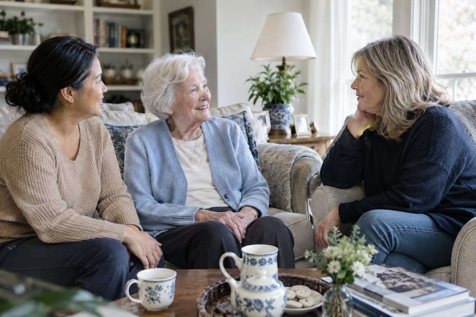 A caregiver, an older woman and her daughter talking together in a bright living room