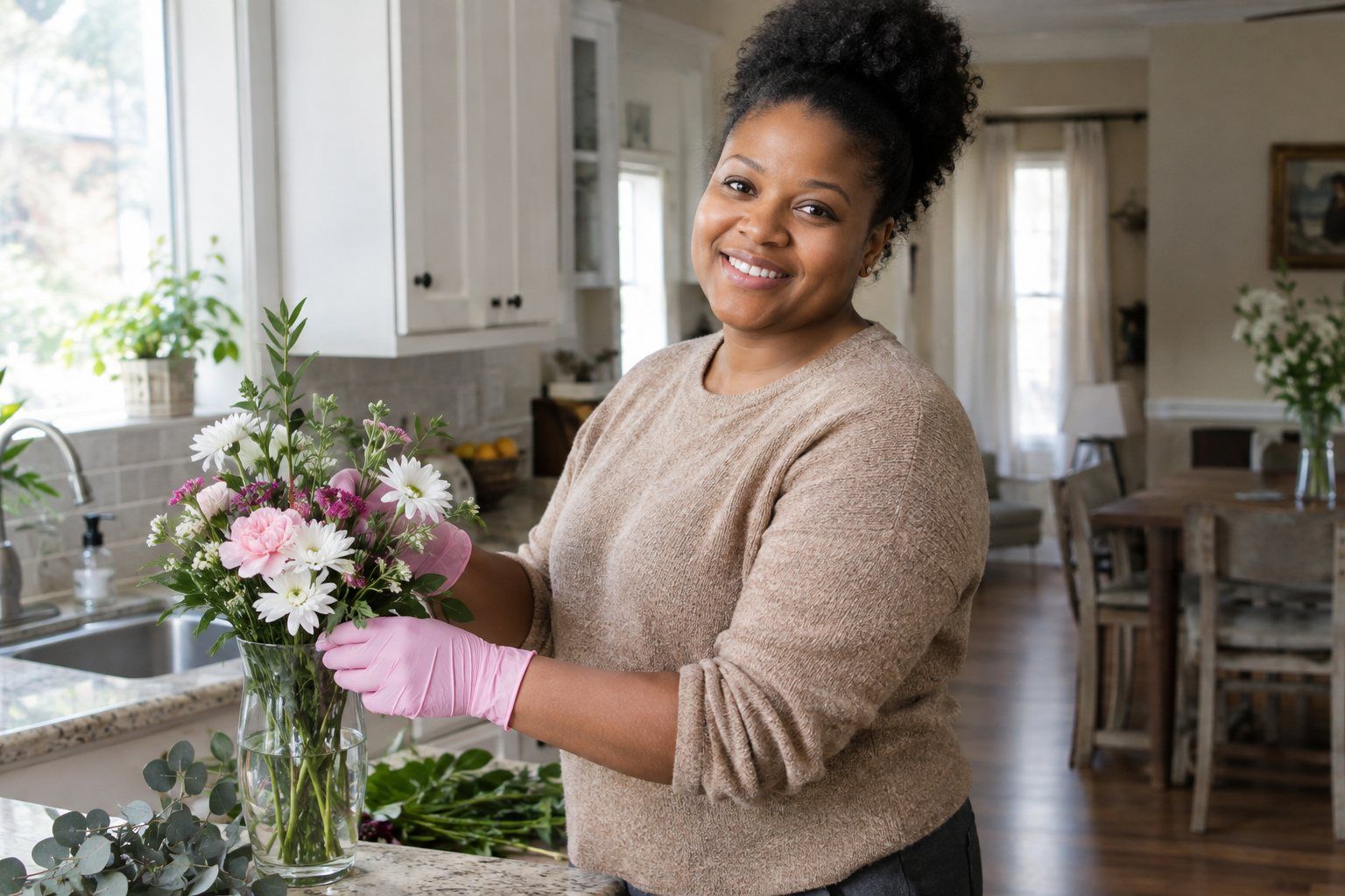 A Pink Glove caregiver in pink nitrile gloves arranging flowers in a client’s kitchen, smiling