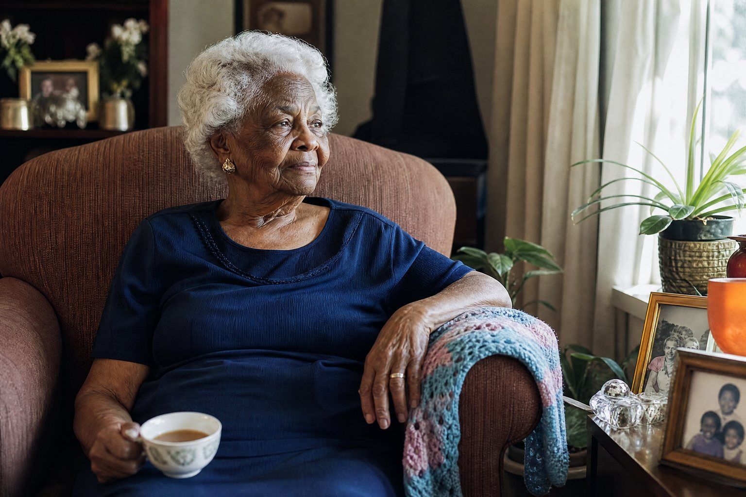 An older woman in her own armchair by a sunny window
