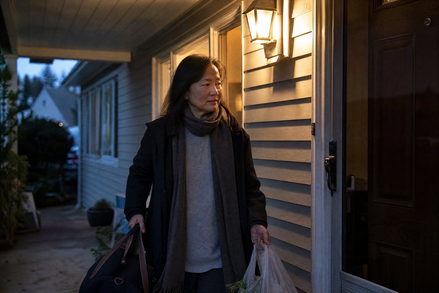 A daughter arriving at her mother’s door in the evening with groceries