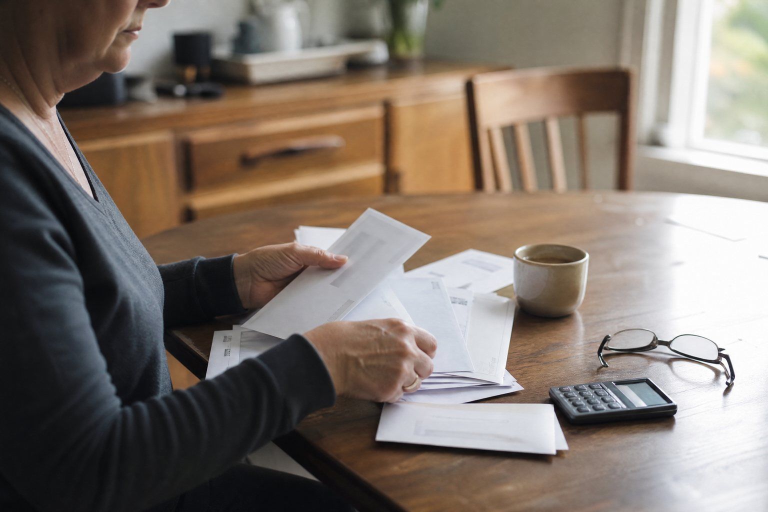 Letters, a calculator and reading glasses on a dining table