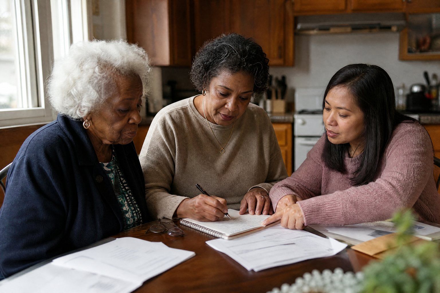 A daughter and her mother working through paperwork at the kitchen table