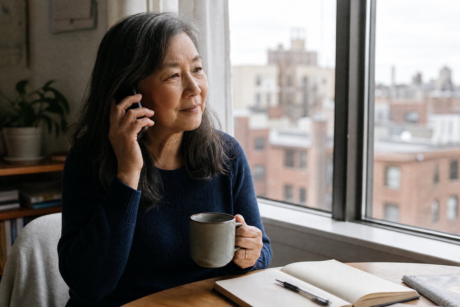 A daughter on the phone by a window in another city