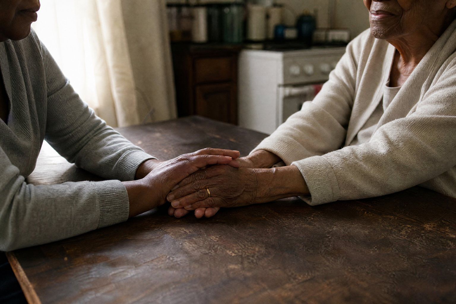An older woman’s hands held by her daughter’s at a kitchen table