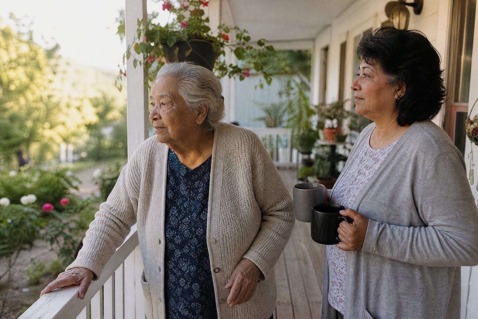 An older woman and her daughter on the front porch