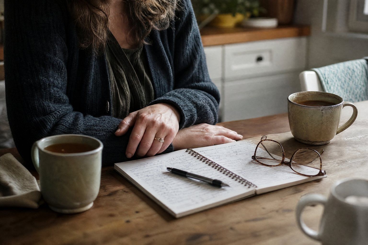 A notebook and two cups of tea on a kitchen table