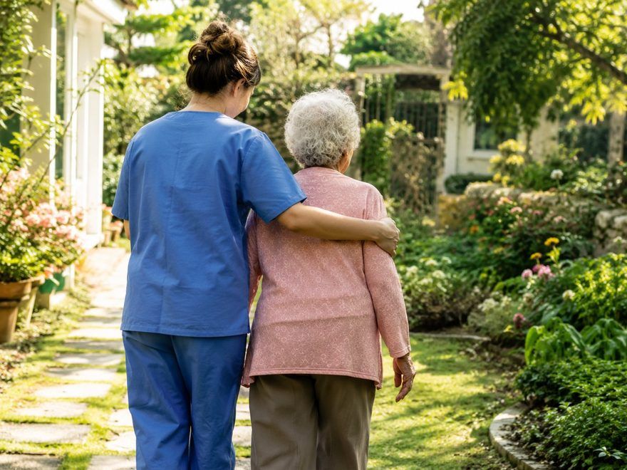 A caregiver walking beside an older woman in a garden