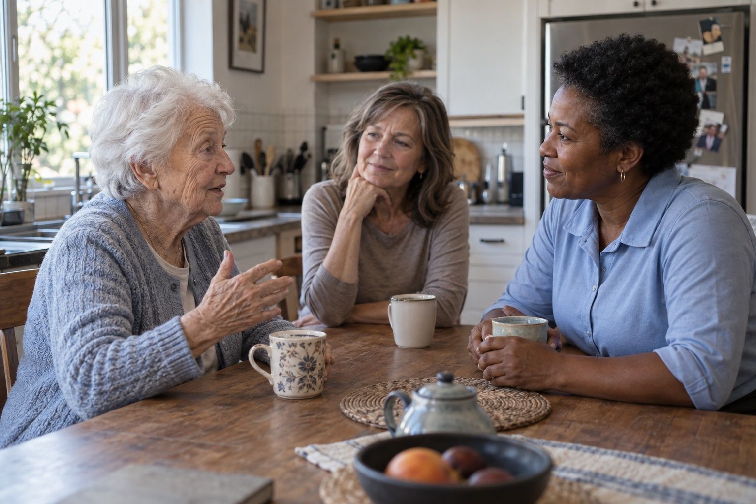 A mother, her daughter, and a caregiver getting to know one another over tea