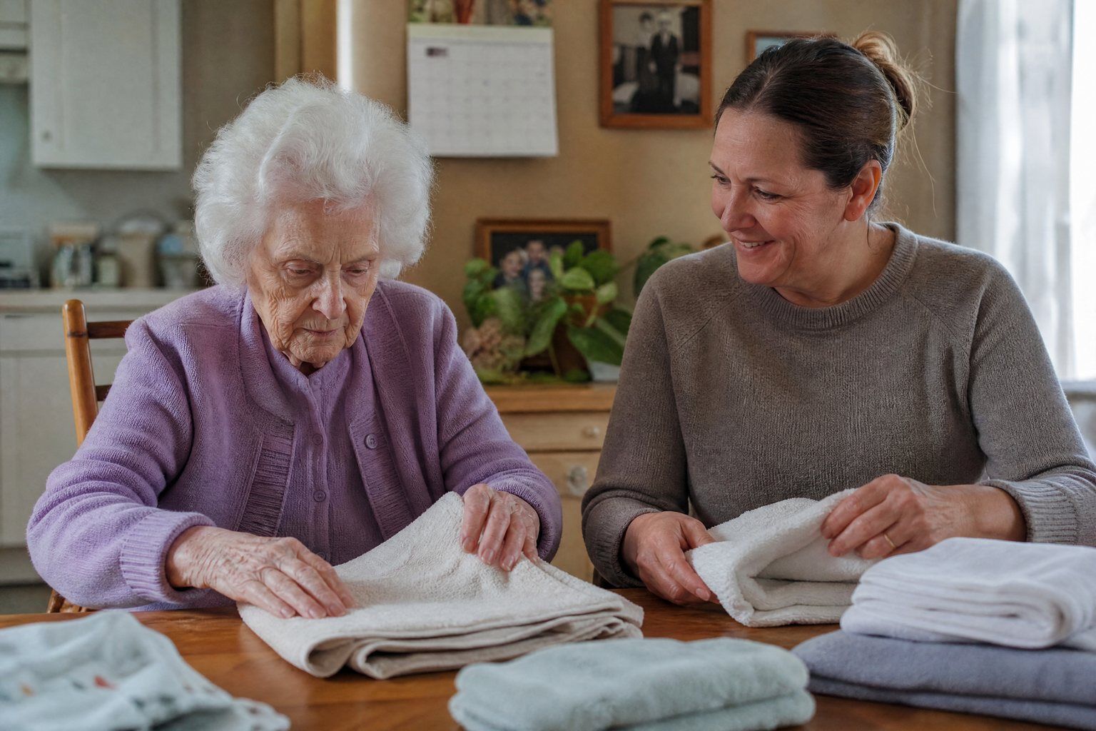 An older woman and her caregiver folding towels together
