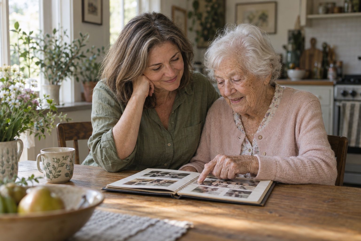 A mother and her daughter enjoying a family photo album