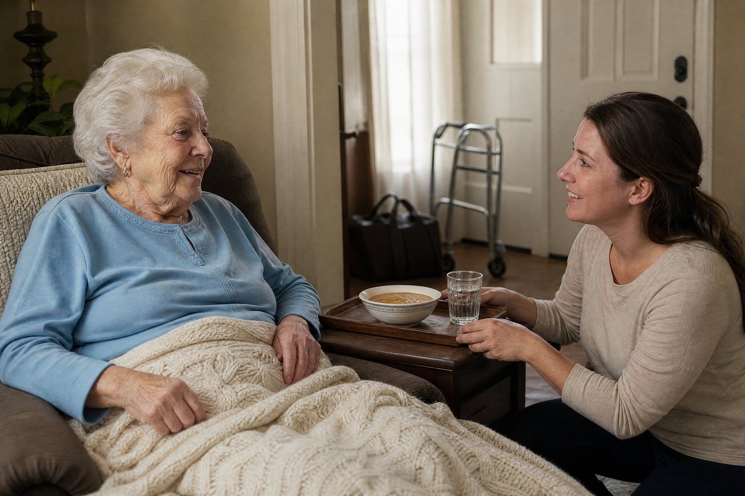 A caregiver bringing soup to an older woman resting at home